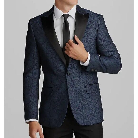 42L Jos A Bank Slim Fit Paisley Dinner Jacket Blazer Blue Teal C070563 - Picture 1 of 16